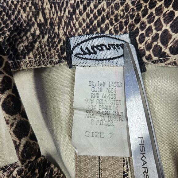 Vtg 90s Y2K Mini Skirt Set Size 7 Brown Snakeskin Slit USA Square Neck Mandee - Picture 5 of 16